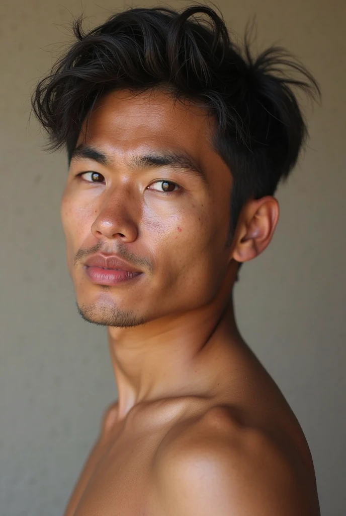 a young adult guy he is Japanese,the Buzzed haircut in black color, light brown eyes, shirtless, very muscular , , he's in front of your mansion black, full body, he is 25 years old,he has sexy face,he is very muscular light skin, ,very muscular, slim and strong body, clean skin, he has a sexy masculine face, He is naked, sexy naked, with a very big and beautiful hot cock