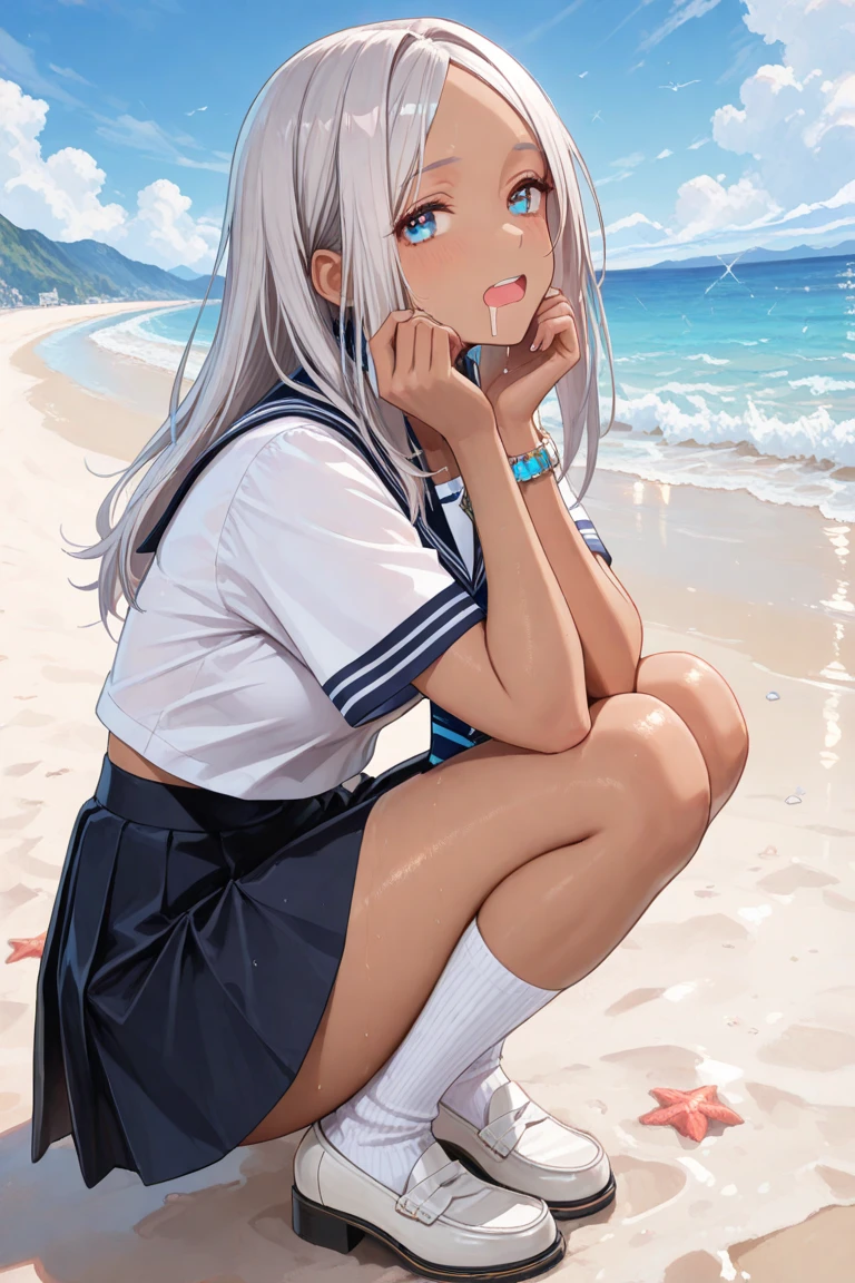 1girll, Beautiful detailed eyes, school uniform, High white stockings, Glossy glossy skin, Seaside, beach, Waves, High contrast, ((Masterpiece, Best quality)),Oyama Makoto