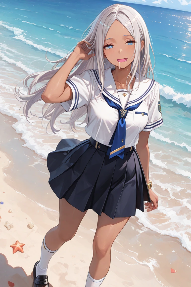 ((highest quality、Masterpiece、Normal body、8k、Detailed face、Ultra-precision、Normal hand、Normal finger、5Finger、Highest))rainbow色髪、Sailor suit、Miniskirt、High leg、Gentle Breeze、Shy smile、Courtesy、Grab the skirt with both hands、water droplets、Wet and see-through、rainbow