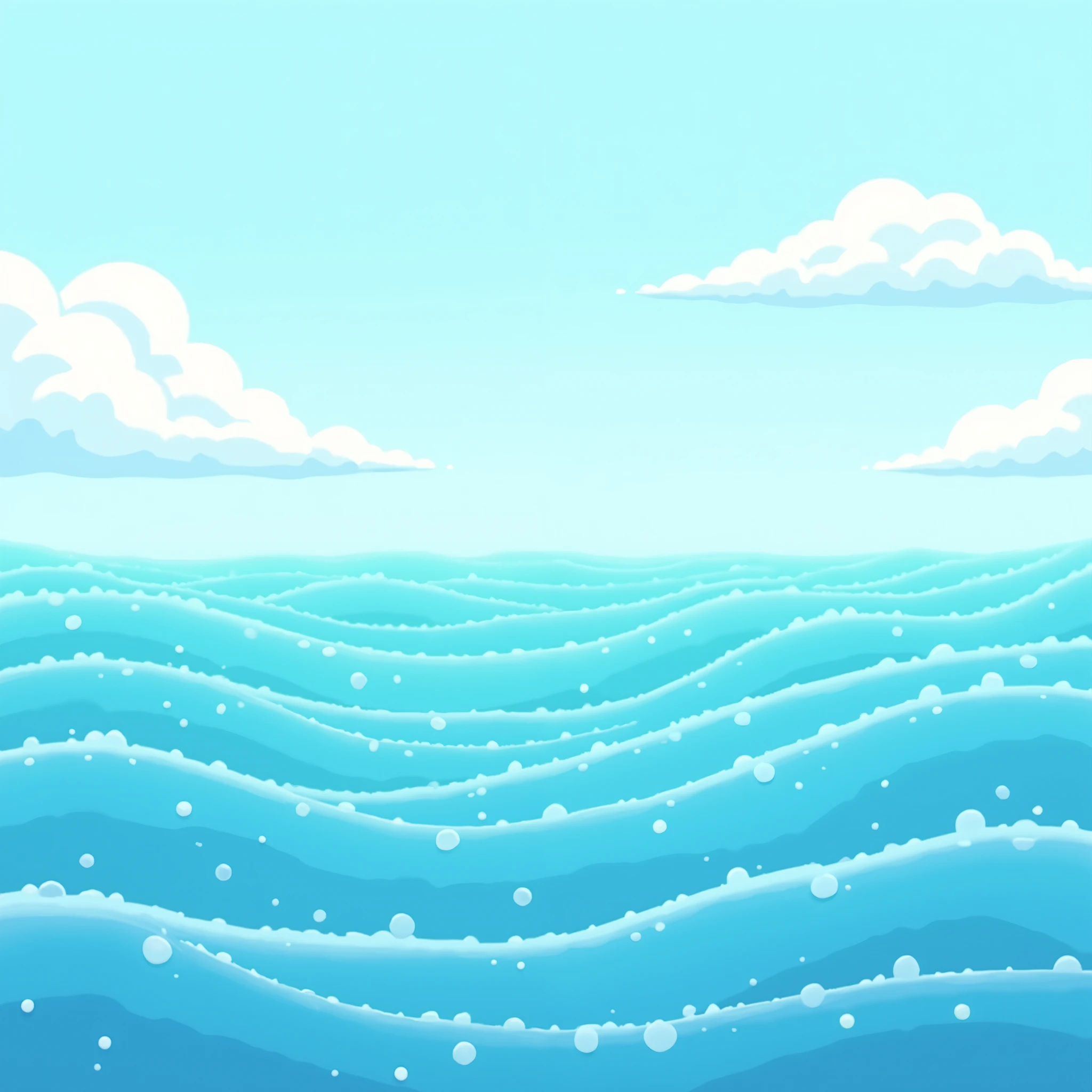 A bright and cheerful ocean background with gentle waves and soft blue gradients, subtle white highlights for sea foam, a clear sky above with light clouds, cartoon-style, vibrant colors, minimalistic and not distracting, suitable for logo backdrop