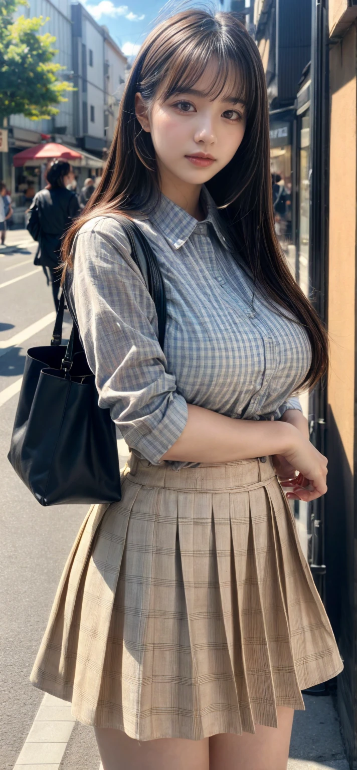 (master piece), original, RAW photo, ((extremly detailed)), ((high quality, best quality)), charm, (((beautiful rusian girl face, beautiful kaukasoid girl))), ((solo girl)), beautiful, profecional lighting, the best lighting, Mature woman, perfect body, sexy body, looks at the viewer, feminine, shiny skin, oiled skin, ((brown lip, lip glosy)), (big breast), (huge breast), seductive, little smile, ((sexy smile)), ((grey hair)), (brown eyes), ((golden brown hair color, pony tail hair)), (((uniform Korean school women, white shirt, short-sleeved shirt, skirt, burberry plaid school skirt, knife pleated skirt)), (ribbon tie), (((Thigh High Boots, Long Boots For Women))), morning, ((bus stops in korea, korean bus stops, realistic bus stops)), detail background, ultra detail, 8K, high realistic, high resolution, the best resolution, detail hand, detail anatomy, detail body, (high detail), detail arms, (high detail fingers), the best proportions, (detail intricated), portrait, the best pictures, hdr, dslr, fix , fit, full color, detail pose, perfect pose, the best proportion pose, soft light, natural light, detailed light, Professional, Amazing, realistic, photorealistic, slender, narrow waist, thighhighs, whores, enhance, vivid color, standing, sexy pose, ((from front))