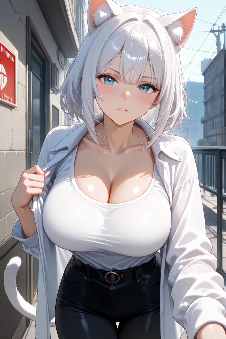 super high image, super detail, super high resolution, adult female, sexy, beautiful, cute, amorous expression, lewd expression, orgasm, light silver glossy braided bangs short hair, sparkling big eyes, double eyelids, huge breasts, abs, tight shirt, cleavage, super mini skirt, professional lighting