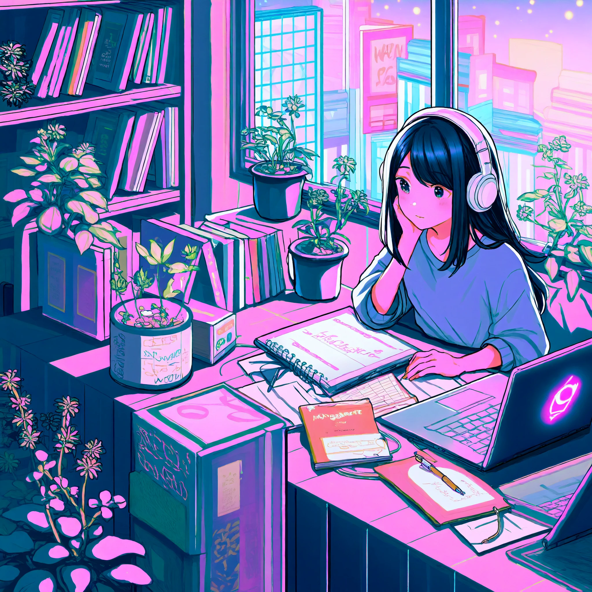 A woman wearing headphones is working in her room, She's opening her notebook, laptop, Some materials. and she's focused on writing or typing. The room is cozy and bright, Neon buildings outside the window、On the bookshelf、 full of books ,  small plants in the background . The scene is peaceful and eager to study、
