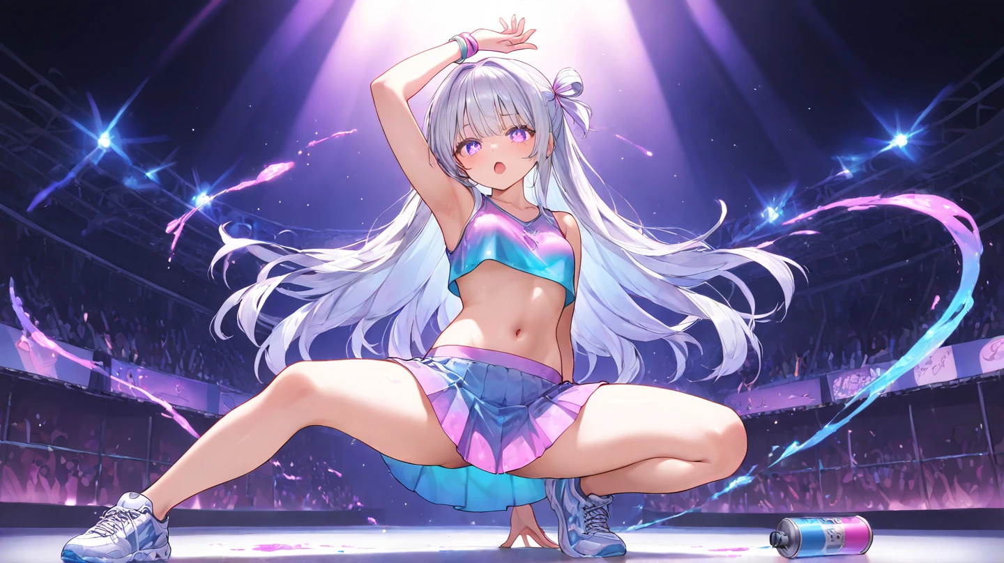 (Extreme Detail CG Unity 8K Wallpapers,tmasterpiece,Highest image quality),(Delicate light and shadow,The picture is highly dramatic,Cinematic lens effect)A student babes full of youthful energy、Silver shiny hair、Sporty wind、self-assured、vibrancy、Tall、slim、shairband、Bundle up、Sports-style clothing、Light-colored sports suit、self-assured、vibrancy、Tall、slim、shairband、Bundle up、youthfulenergy、Sports-style clothing、Bright colors、Thin waistband、Fashionab、Wrist watch、Bracelet、White sneakers、ssmile、resolution、vibrancy、sport、Sports hand straps、hair pin、Hair rope、Headbands、Bracelet、Anklets、Leg socks、耳Nipple Ring、Falling debris、with beautiful colors、youthfulenergy、adolable、quadratic element、Brush stroke、中景 the scene is、The whole body is like best quality, high resolution