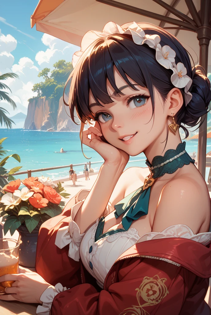 masterpiece, best quality, novel illustration, highres,
characters in dynamic poses, expressive emotions,
tone inspired by oriental culture, exotic settings,
vibrant colors, rich textures,
romantic tension between characters, sensual touches,
closeup of the heroine's smile, her eyes glistening with excitement,
wonderful lighting effects, capturing light and shadow,
innovative composition, breaking boundaries,
bringing out the best in each character,
striking visual impact, making an unforgettable impression,
lush background filled with details that bring the scene to life,
background consists of stunning turquoise waters, lush greenery, and colorful buildings,
golden sunsets, shimmering silver sands,
this story will surely entice readers with its fascinating plot and beautiful imagery,
unforgettable, breathtaking, enchanting, magical,
a masterpiece that captures the essence of love and desire,
making every reader dream about this world and wanting more.