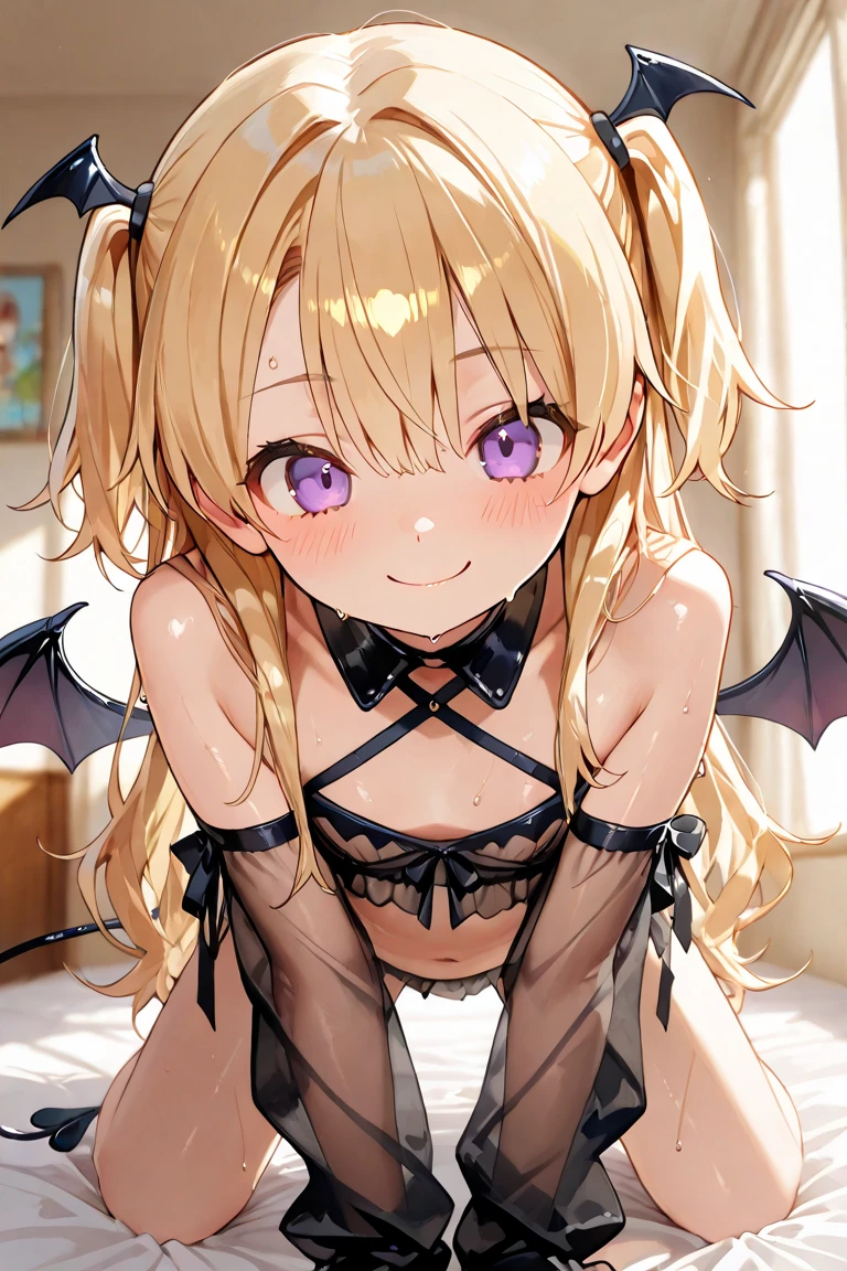(best quality,4k,highres),sexy demon ,open denim shorts,white wet t-shirt,bare midriff,underboob,batwings,dracula fangs,looking away from viewer,portraits,vivid colors, Blonde hair,dark and atmospheric lighting, Bent over a desk, showing ass, pulling down her pants, showing pussy