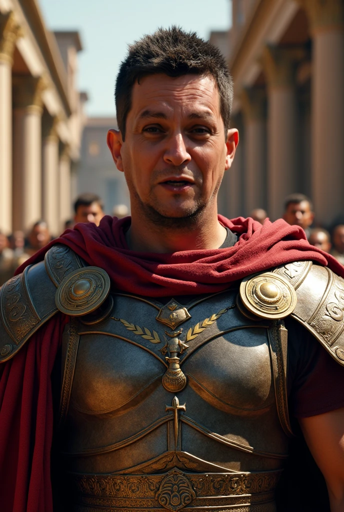 cinematic photo a Roman general As Julius Caesar, navigating the complex politics of the Roman Republic, expanding its territories, and eventually meeting his tragic end on the Ides of March., Toga and gladius, symbolizing his dual role as a statesman and a military leader. . 35mm photograph, film, bokeh, professional, 4k, highly detailed