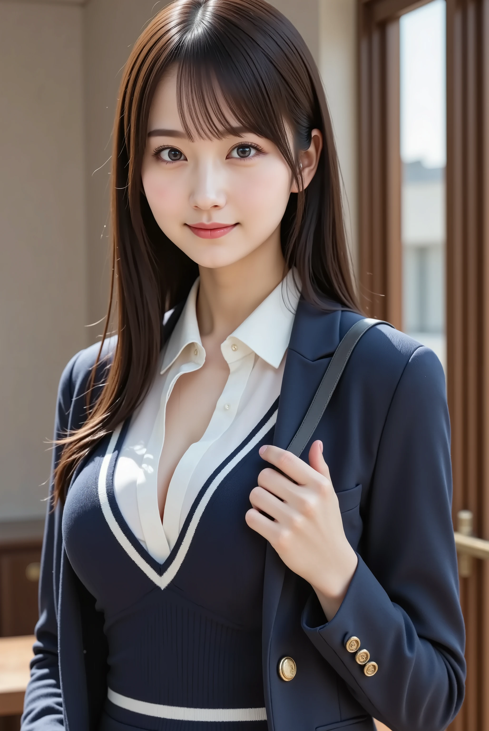 smile, Subject: a slender realistic female with pumped firm full  and a wide, deep, boldly emphasized cleavage, wearing a crisp white collared shirt beneath a navy V-neck sweater vest trimmed with white stripes, layered under a tailored navy blazer bearing a gold circular lapel emblem, paired with a pleated mini skirt resting just at her , accessorized with delicate gold dangling earrings; each hair strand rendered in photorealistic detail, her long straight dark brown hair meticulously parted at the center, individual wisps framing her face and flowing over her shoulders, Medium: digital art, Style: photorealistic cinematic, Composition: half-body bust-up view from slightly elevated angle capturing her head, neck, and upper torso, her slender neck elongating into gently sloping shoulders, collarbones subtly highlighted through the V-neck, head tilted slightly to the right with chin softly lowered, direct warm gaze engaging the viewer, right shoulder pushed forward and left shoulder drawn back to accentuate her  volume and create an elegant S-curve in her posture, her right hand delicately resting on her blazer lapel with fingers gently curved and thumb brushing the fabric, left arm hanging naturally at her side, subtle breeze suggested by the faint movement of stray hair strands and the slight lift of her blazer lapel, shallow depth of field isolating her against a softly blurred interior space with muted tones, Lighting: soft natural window light streaming from the right side, creating gentle highlights on her cheekbones, collarbones, and the contours of her , with a thin rim light outlining the edge of her hair and shoulders, Color Palette: cool neutrals of navy and white contrasting with warm skin tones, Mood: calm, confident, professional atmosphere