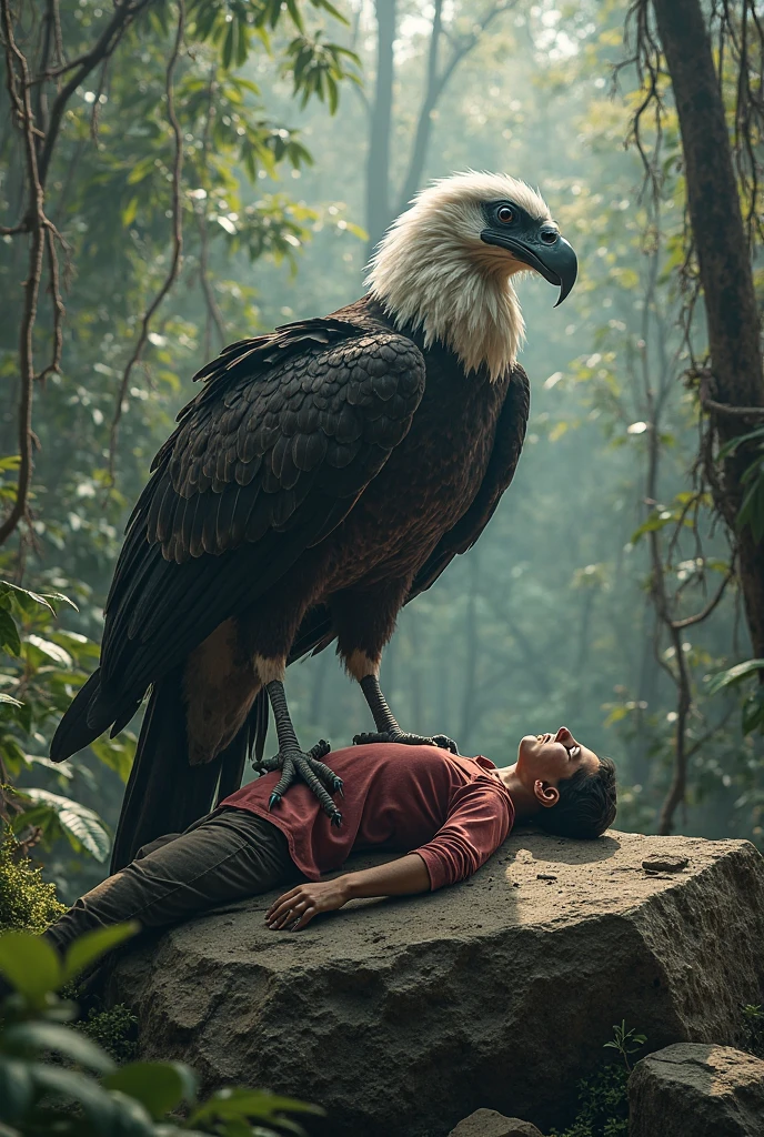 Young thin man with long black hair dead. A sad griffin resting its head on the man