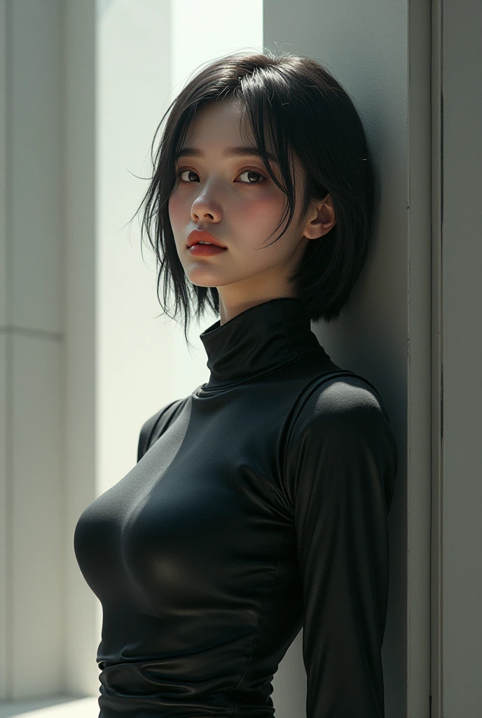 Highest image quality, outstanding details, ultra-high resolution, (realism: 1.4), ((close up:0.75, from below)), highly condensed 1lady, with beautiful and a delicate face, perfect proportion, (chubby:0.4, big breasts, loose waist), (wearing cropped-crotch-glossy-racing-suit, Chastity Belt, pantie), (cross your arms), ((blushing:1)), background simple dark gray wall, cloudy sky,