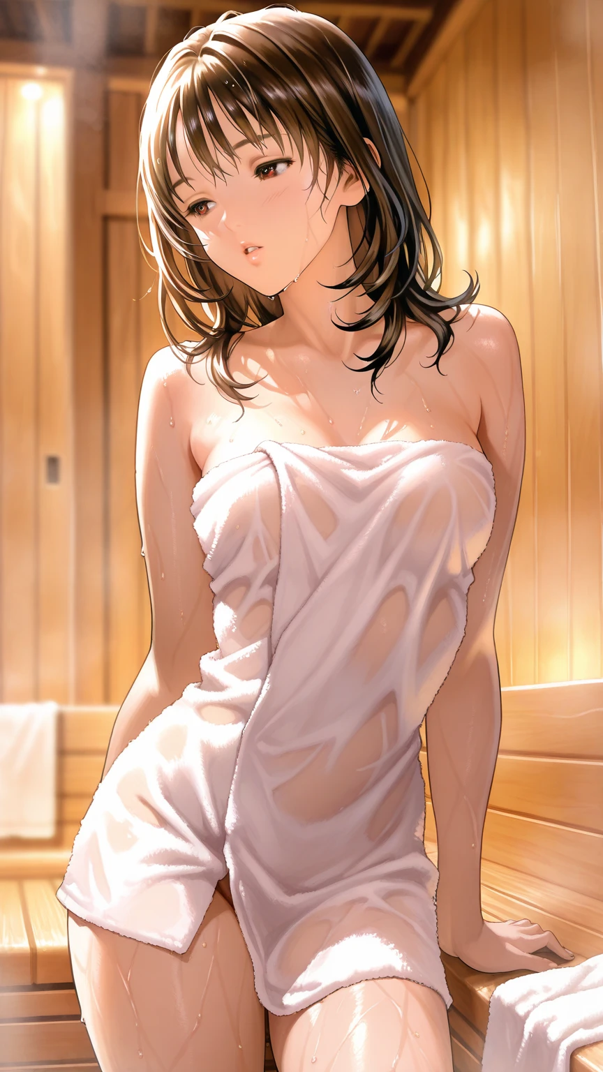 ((Tabletop, Highest quality, High resolution, , Pixel Perfect, 4K,))), 1 female, 、The whole body is visible、 ((Long Wavy Hair, bangs, Brown Hair)), ((Brown eyes, Beautiful eyelashes, Realistic eyes)), ((Detailed face, Blushing:1.2)), ((Smooth texture:0.75, Realistic texture:0.65, Realistic:1.1, Anime CG Style)), Medium sized breasts, Dynamic Angle, Perfect body, (( , , White camisole、No bra、Soft 、 White lace panties、、)), Gold Hair Ornament、Cross Necklace、、Very embarrassing panic smile, Stick your butt out、、Show your ass、、、、、、、Nipples are slightly visible、、、、、Hotel shower room、、、、 、)、