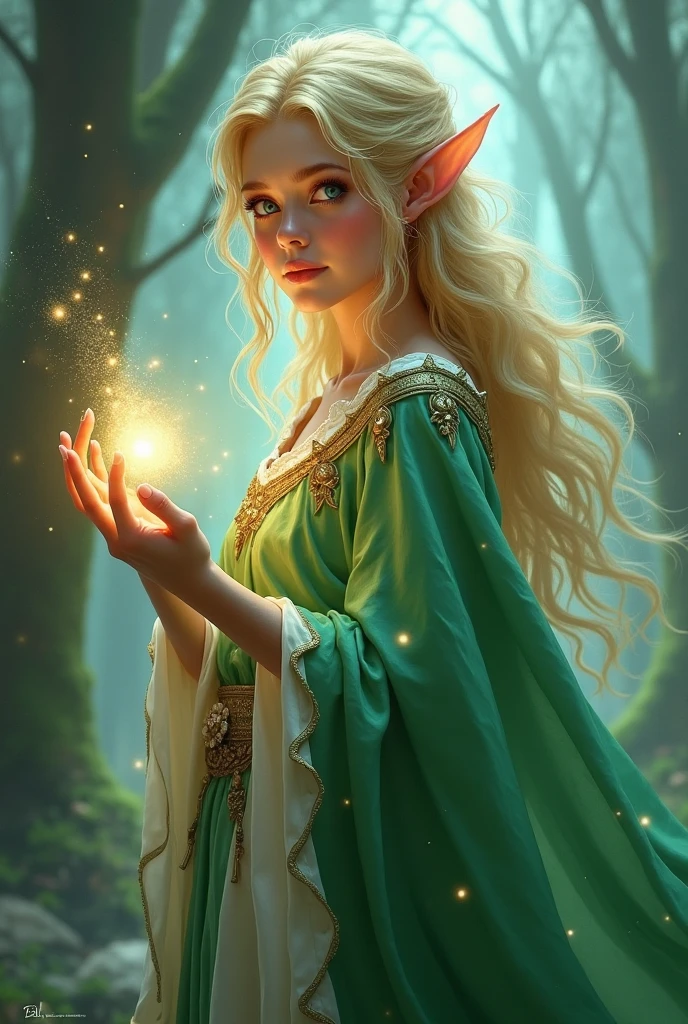 A beautiful elf girl blond hair Blue eyes Green and White Clothes ...
