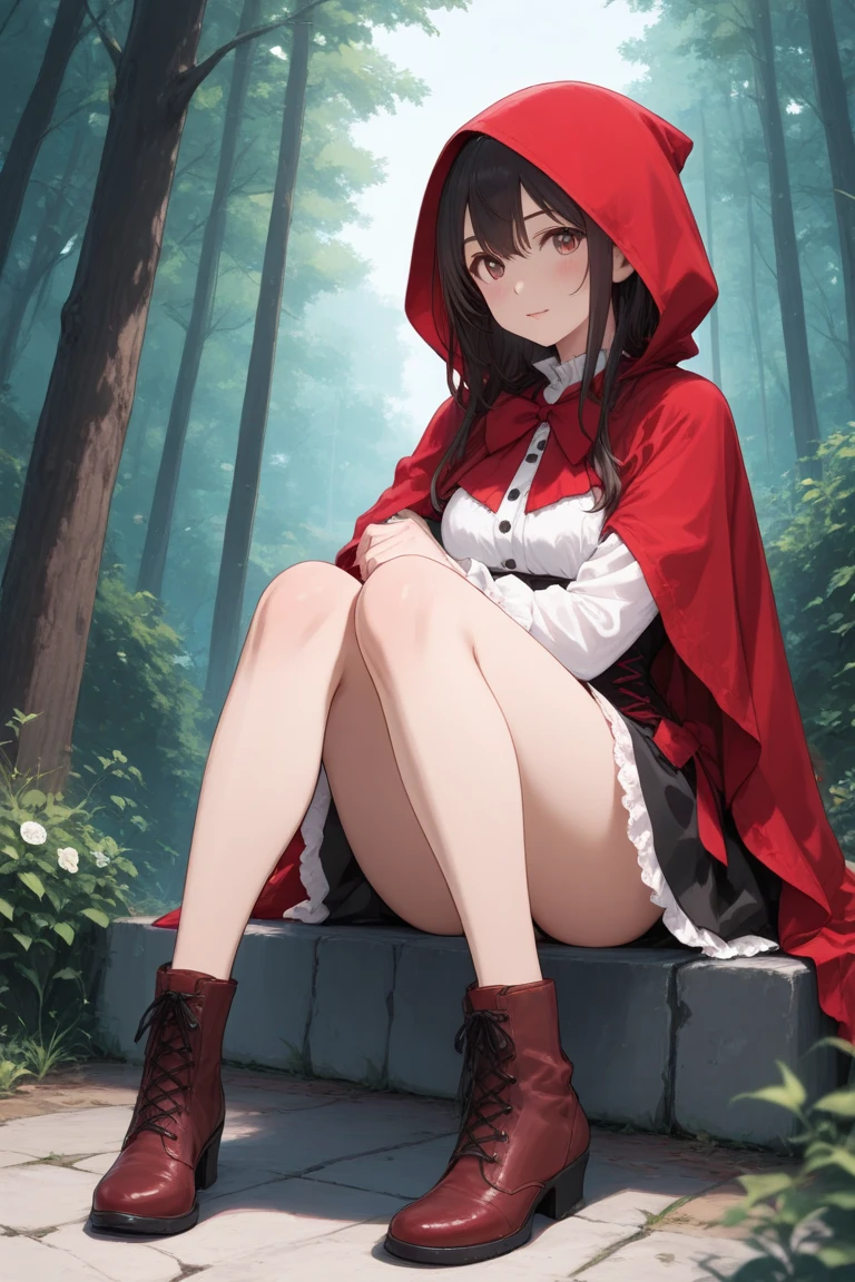 (high quality), (many details), (masterpiece),young woman with a red hooded coat, sitting on the ground in a hut in the forest, legs spread, long black hair framing her childish face, the coat covers her shoulders, a black bra hangs down on her, bra, broken, one breast naked, nipples clearly visible, small ring in nipple, nipple piercing, wears a miniskirt that lies over her thighs and leaves the view of her vagina free, naked vagina, objects lying on the floor, the young woman's gaze is rushed, Little Red Riding Hood, sexy, NSFW, erotic, erotic insight, cover of a comic, the viewer looks up at her from below