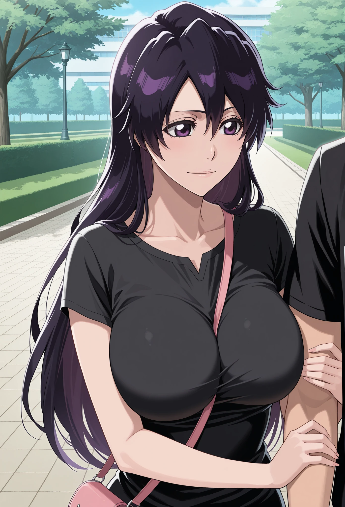 1 milf & 2 man, purple and slightly black hair, wearing a black tank top, cynical look, angry face, white background, erotic, full body, sex scene, a milf doing sex with 2 man while naked
