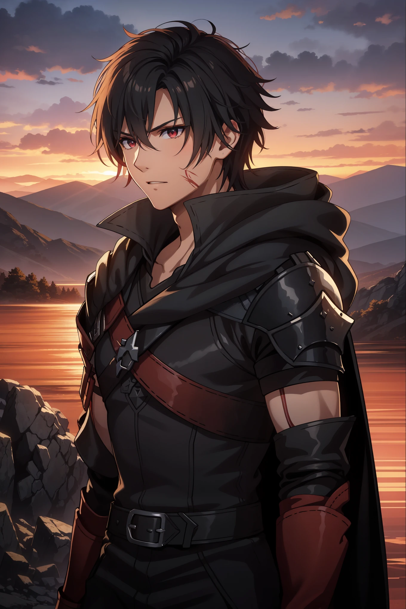 (high-quality, breathtaking),(expressive eyes, perfect face) 1boy, male, solo, young adult, Symmetrical Eyes, portrait, black hair, red eye color, short hair length, messy loose hair, neutral expression, soft smile, white shirt, black cloak red trim, fantasy attire, adventurer profession, sunset sky, red sky, armor, cape, embers, smoke, god of war, red terrain, fire, battlefield background