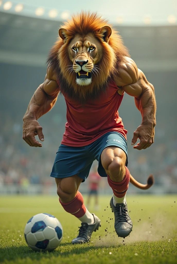 A Lion beast. Humanoid body. Playing soccer