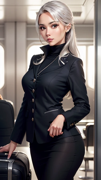 ulzzang-6500-v1.1, (raw photo:1.2), (photorealistic:1.4), beautiful detailed girl, very detailed eyes and face, beautiful detailed eyes, ridiculous, incredibly ridiculous, huge file size, super detailed, high resolution, very detailed, best quality, masterpiece, kemomimi, ((flight attendant outfit)), illustration, very detailed, CG, unified, 8k wallpaper, amazing, fine details , masterpiece, best quality, very detailed CG uniform 8k wallpaper, light on face, movie lighting, 1girl, 16 years old, white hair, side split, (no hat), (no panties)), (with glasses), ((dynamic pose))), (camel toe), (half), (pantyhose), (pantyhose and legs))