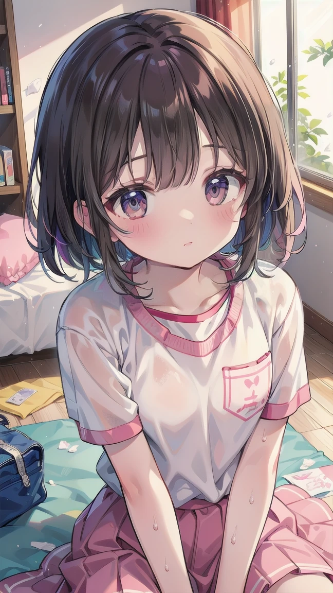 Masterpiece, best quality, high quality, very detailed CG uniform 8k wallpaper, very detailed, very detailed background)), 1girl, girl, short hair, blush, licking lips, seductive pose, small breast, white t-shirt, pink shorts, bedroom