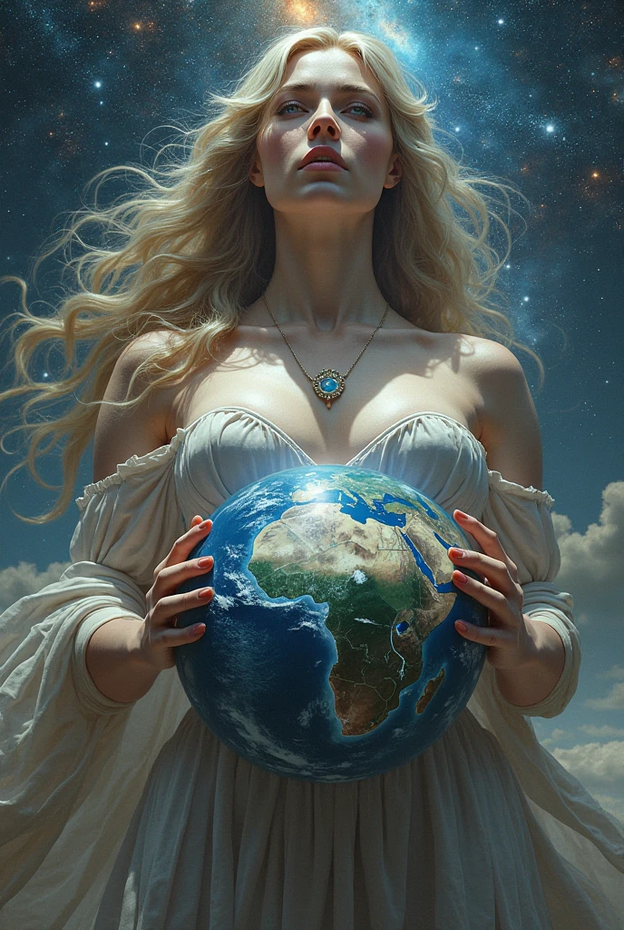 realism. A completely naked beautiful goddess holds the planet in her hands