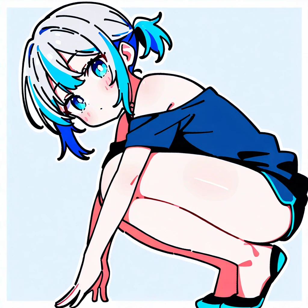 1girl, blue pigtails, self harm, blood ,scars on thighs,, short hair, tired, exhausted eyes, purple eyebags, furrow eyebrow, european, horror and moody lighting, pouting, small , low muscle mass, chubby, cute pouting, furrow eyebrows, dolly eyes, blush, soft ass, slim thighs, slant pose, girly pose, low perspective, eyes looking at camera, sexy pose