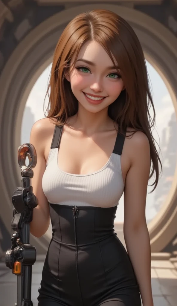 (Realistic), (highly detailed), uhd, Princess Leia without panties under short skirt, breast sheer top, (extremely short hair:1.3), detailed body, star wars world