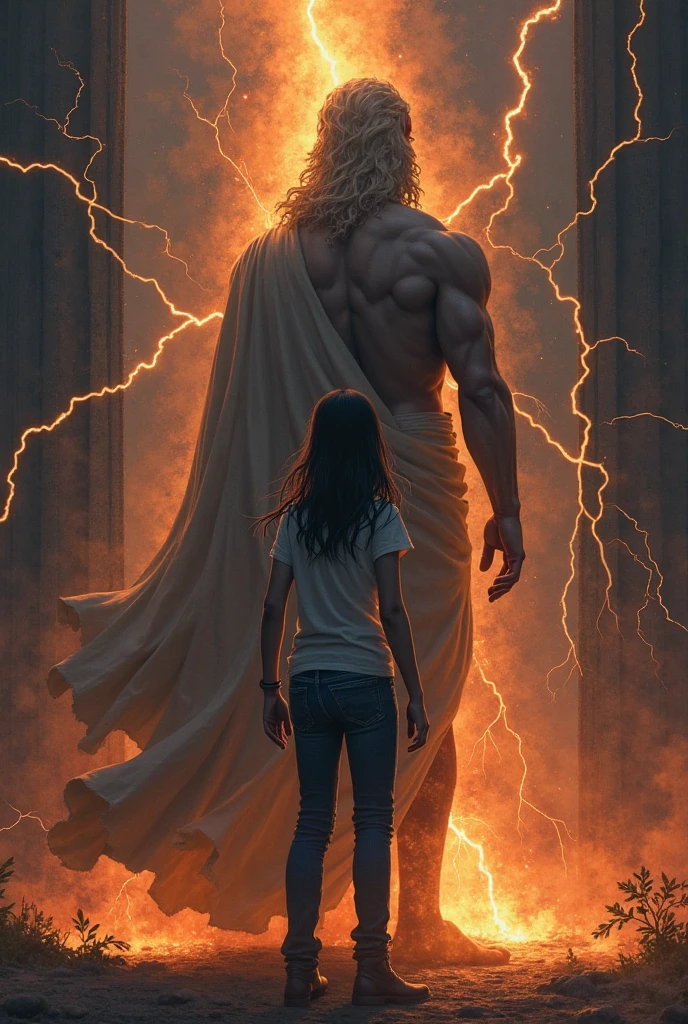 I want a mysterious picture. My book is on an ancient greek civilisation. Dark theme. Zeus should be standing behind the girl. She has dark hair and a tomboy. I want a dark zeus standing behind her. Also only her back is visible. She ll be surrounded by thunder and lightning and also fire