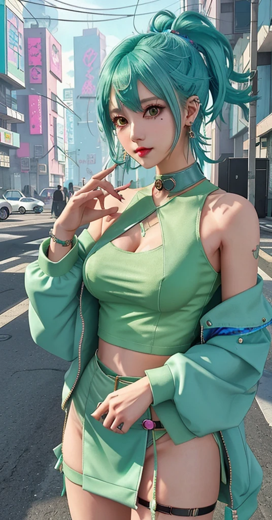 (beautiful, High Resolution: 1.2), masterpiece, The best quality at its best, High resolution, One girl, Leona Heidorn, Blue Hair, blue eyes, ponytail, Green shorts, Cleavage,On your stomach, Crop top, Black gloves, Medium Breast, uniform, Green jacket, 耳Nipple Ring, jewelry, belly button, muscle, Cowboy gets shot.