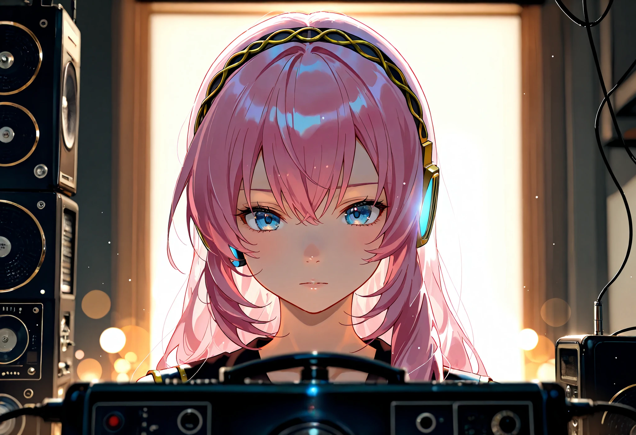 1girl, megurine luka, vocaloid, podcast, now on air, at midnight, radio studio, wide shot, girl focus, backlighting, depth of field, bokeh, backlight, extremely detailed, general, masterpiece, best quality, amazing quality, very aesthetic, absurdres, newest,