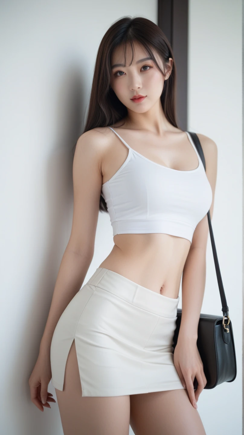 ((Best quality, 8k, Masterpiece :1.3)), Whole body, Sharp focus :1.2, A pretty woman with perfect figure :1.4, Slender abs :1.2, ((Dark brown hair, Big breasts :1.2)), body dress :1.1, (Night city view, Modern balcony :1.1), Highly detailed face and skin texture, Detailed eyes, Double eyelid, Small Bust, OL Uniform, Office Wear, white T-shirt, exposed cleavage, (Black Pantyhose), (No Panties), Interior Scene, Office
