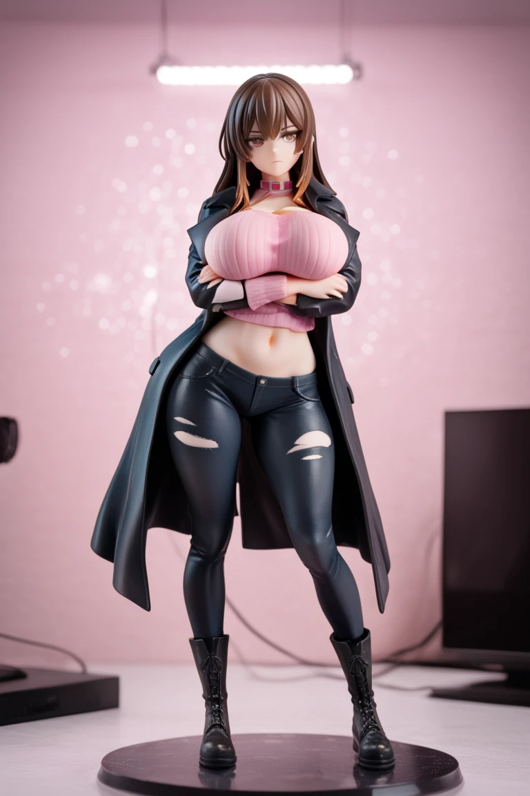 big lips, Brown hair, pink eyes, japanese face, improve, improve grin, two sides up, huge breasts, Wide hips, sexy, detailed, pink room, Hits, (evil smile1.4), kawaii, pleated skirt, punk, GOOD, Pink and black suit, plaid skirt, punk shirt, choker, punk skirt, punk shirt,navel piercing
