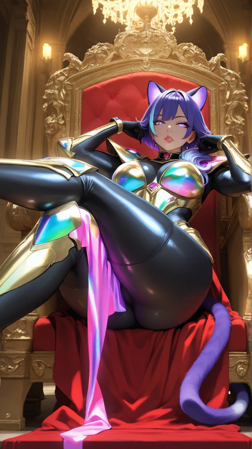 ((highest quality)), ((masterpiece)), (detailed), (Perfect Face)、The woman is an alien named Mercury, wearing a gorgeous alien dress decorated in purple and black with gold, with short blue hair and a completely alien body.、The woman is happily embracing and having sex with the powerful alien king.