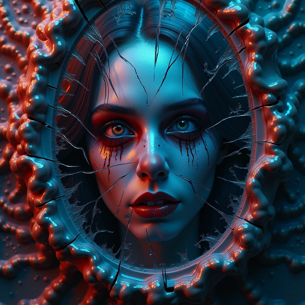 Style-Glass, Photo, award winning, masterpiece, top quality, just concentrate, woman, (red skin:1.3), daemoness, (daemon:1.3) break through the mirror, evil grin, Photo by Lee Jeffries Nikon D850, Photoпленка 4, Photoаппарат Kodak Portra 400 f1.6 lenses rich colors hyper realistic realistic textures dramatic lighting unreal trend on artstation cinestill 800,