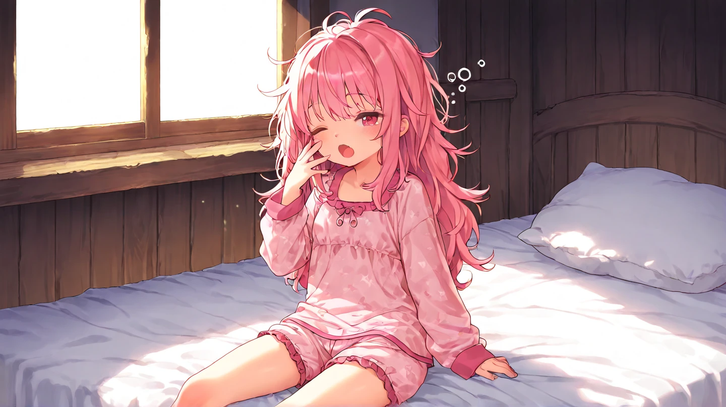 woman, 20 years old, beautiful woman in messy bedroom, poofy hair, eyeliner, emo, goth, bright pink hair, head ornament, stockings, skinny, pink lighting, sweater, pink eyes