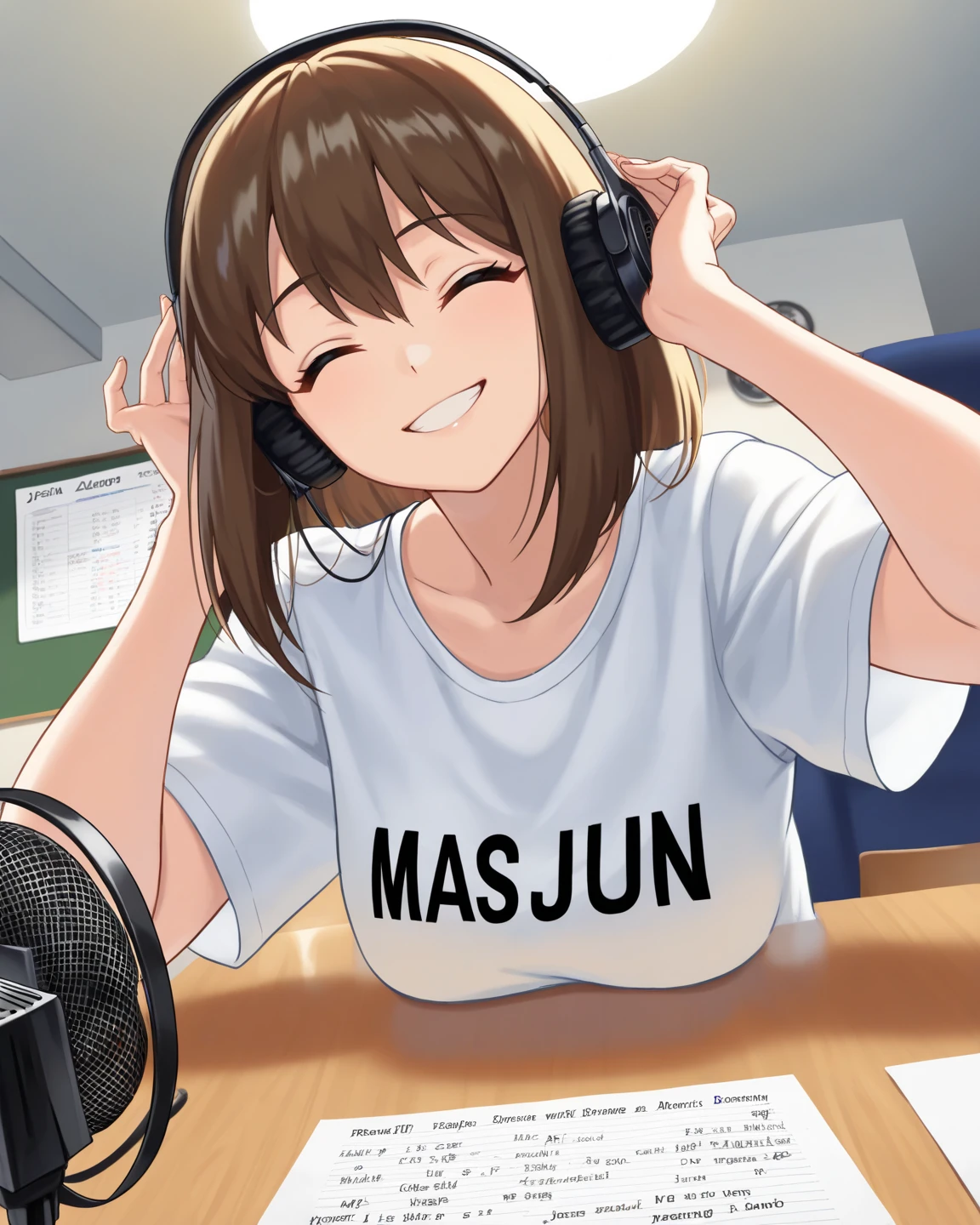(((photograph、Realistic)))Woman sitting at a desk in front of a microphone, instagramart, Shinhanga, baseball stadium during a game, bright atmosphere, Tokyo Dome, covered!!, official media, toriyama akira, lightning!! (((photo, Photorealism))), adult video poster layout, text on screen: "female announcer Shocking AV debut!!", big breasted female porn actor, dynamic pose, happy expression, pure beautiful smile, intelligent face, slender curves, large breasts, (((DVD mark, Blu-ray mark))).