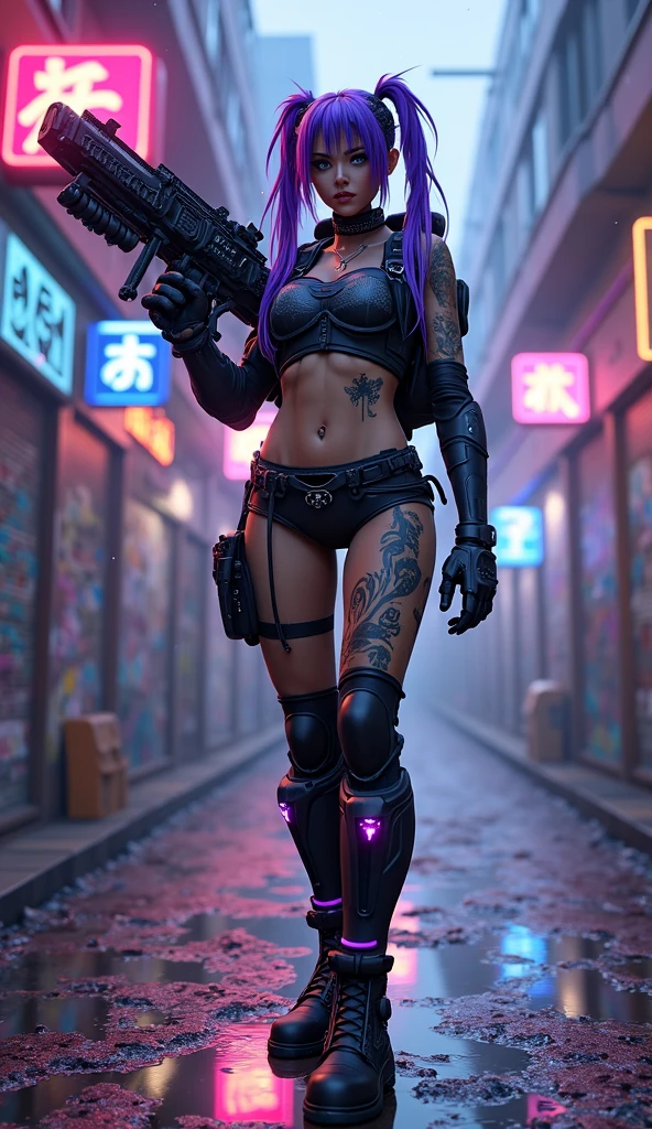 red light, red ambient, hot colors, perfect shadows, 8K, Realistic painting, 3d character, realistic picture, super realistic, purple hair braids, purple hair, of a african woman, african american woman, dark skin african woman, black eyes, sculptural body, fine details, very clean face, purple gun, purple hair, medium breasts and with large beaks, big bubum, black eyes, dark skin, glowy skin, makeup, purple eyeshadow, red lipstick, pink blush, glam makeup, black and white skirt, fishnet gloves, purple and black top, purple gun, feminine gun, star earrings, black nexk choker, purple star hair clip , bracelet, purple nails, purple high heel leg