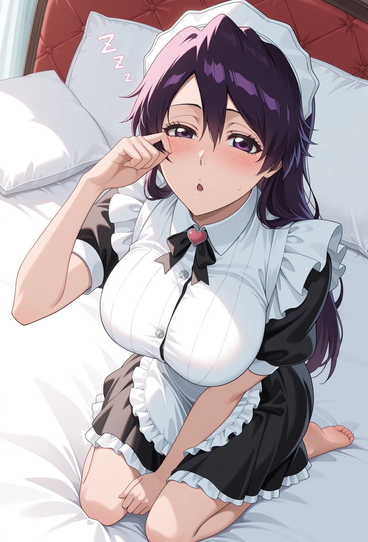 POV Fuselage Grab, ((SEX)), Lying, 1girl in, moaning, (is crying), (Spread legs), Arms behind your head,(((penis: into pussy: blood stained))), (lavender hair), (braided ponytail), (wavy hair), (parted bangs), (Maid headband), (dragon horn), (dark green eyes), (large full breasts:1.3),(thighs thighs thighs thighs:1.1), Large breasts, (round breast),
