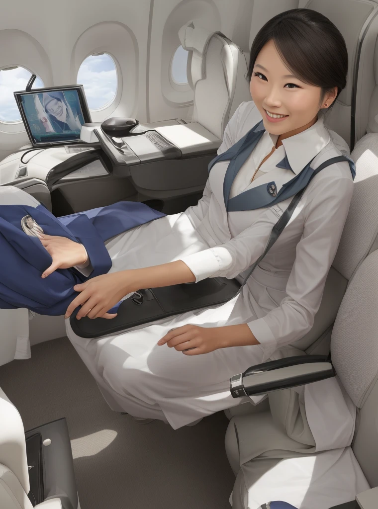 In a small airplane compartment、womanCAGives a massage to a customer