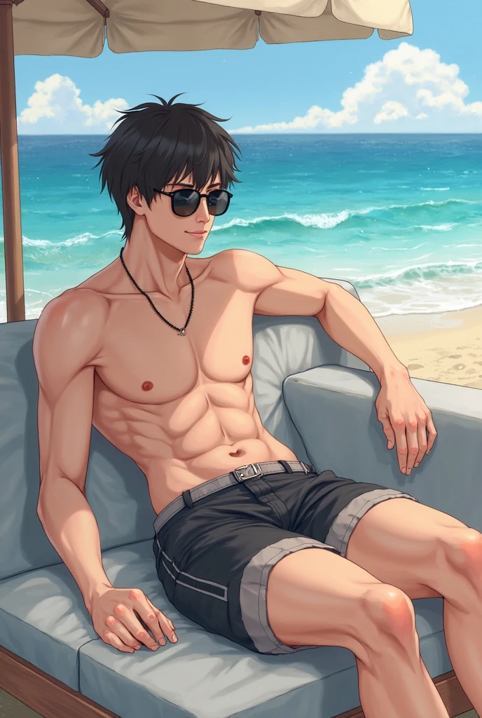 Handsome Japanese male models Short cut Slim figure barefoot smile looking at the camera soaked Ocean Tight half-tights type swimwear sit Topless Close-up