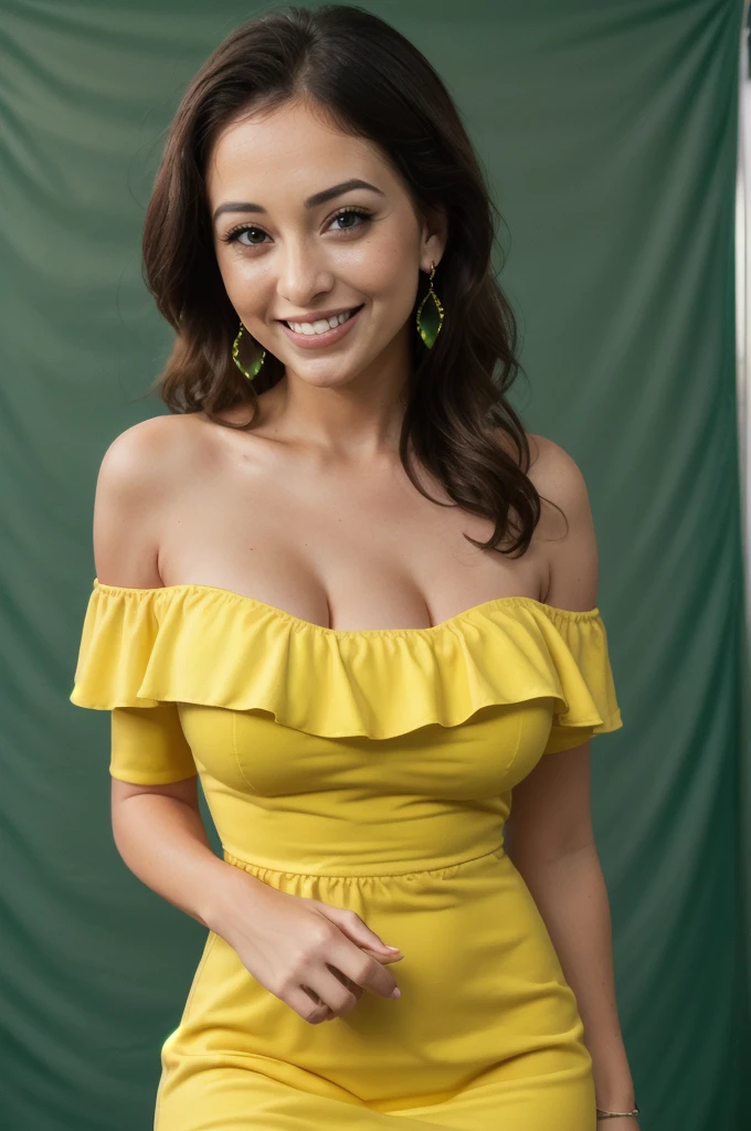 Isabela Merced, smiling, (big breasts), bob_cut hair, cleavage, yellow dress, a nice flower in the hair, (skin texture:1.1), (high detail face:1.1), high detail body, high detail clotheasterpiece), (realistic), ultra high definition, 4k, ultra high resolution
