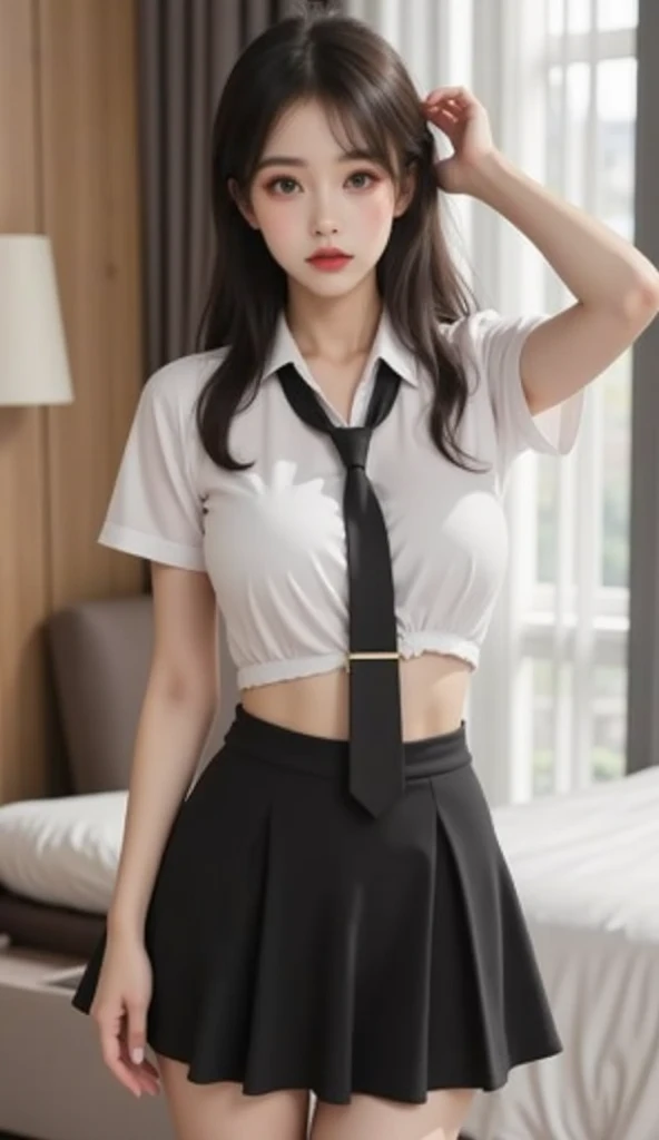 (8k,best qualtiy,tmasterpiece:1.2),(realisticlying,photo-realistic:1.4),(RAW photos),Perfect details,18-year-old South Korean female model,korean beautifull girl,Goose egg face shape,Wavy curly hair,Pure desire,((Upper body:5 points shirt,Black shirt,(Small red tie),short- sleeved,Crop topping)),(private parts:Skirt that wraps hips,black in color),Wear pantyhose and sneakers,The chest is large,Chest,butt lift,Hotel,guest room,window,standing on your feet
