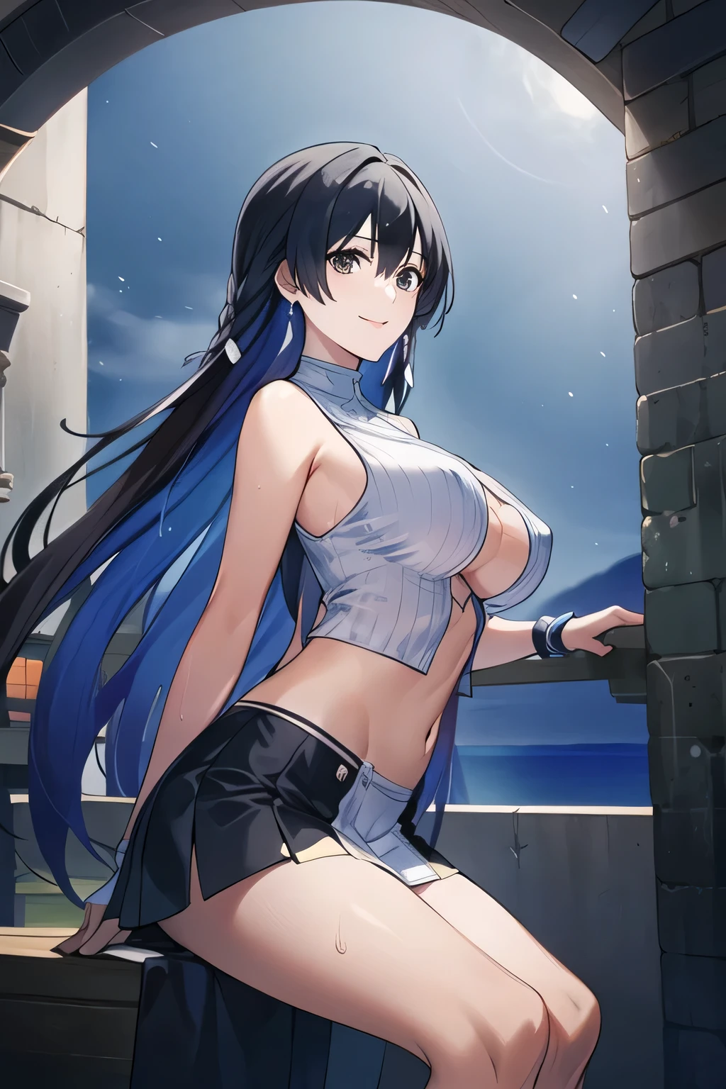 I'm in a dark cave,Can you draw a figure being attacked by a ton of tentacles,can you draw a more delicate expression,Draw a lovely smiling woman in a beautiful rainbow?、,I need a face,Accurate Physical Expression,Woman with a nice smile My are pointed、It's see-through when it's wet,Her is hidden in a costume,Can you draw a lovely woman with blue after rain and a rainbow?、、My are pointed、It's see-through when it's wet,ネイビーブルーのpleated miniskirt,I need a face,,I'm drawing a facial expression。describe her expression more delicately,Faces are very important,Sleeveless,Big でもウエストが細い,pleated miniskirt, ,,(((Can you draw a woman in casual tourist clothes))), portable 、 ,(Let's draw a more delicate look),(Sleevelessのウールセーター),( Pleated Legs,white panties),(That work is enough for one person {X} Can you draw the perfect balance to reduce destruction)、 That's enough,grimace。unless the job requires it。 {X}、 , An attractive 40-year-old woman takes off her uniform, big black wavy hair, , , Thin Waist , , ,Use full color CG,