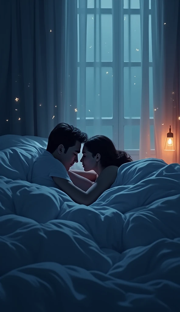 In a room a double bed and a window a women and boy sleeping at night and maffeld a blanket some lights coming through window