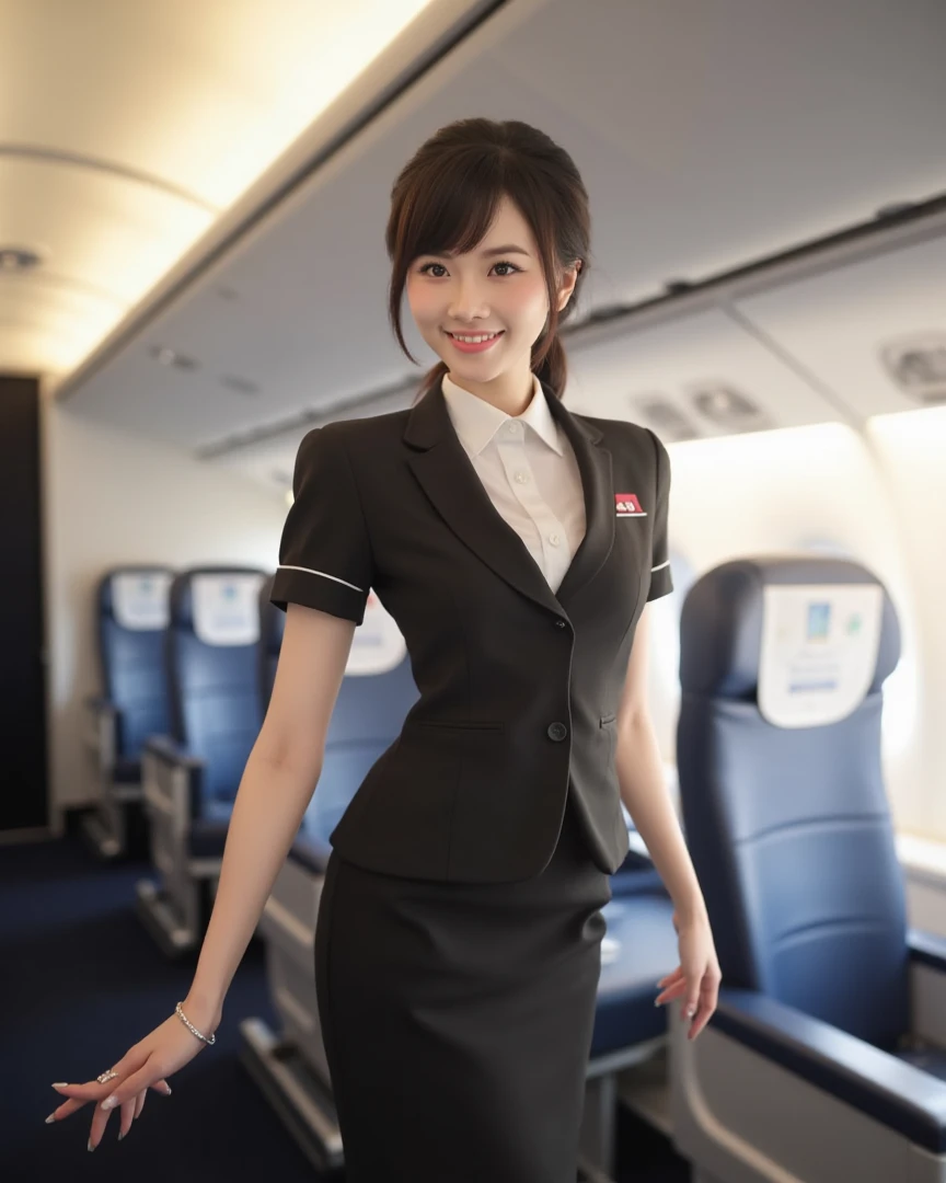 young girl of 32 years, very thin, FLIGHT ATTENDANT, posing sexy, sitting, inside the plane, mischievous look, smiling, neckline, pantyhose black stockings, airline uniform