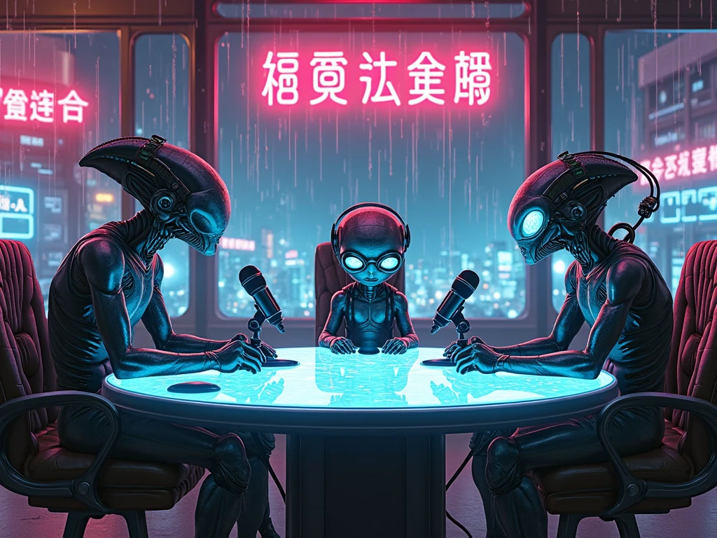 A cyberpunk podcast studio hosted by three unique aliens. One is tall and sleek with bioluminescent skin and mechanical implants, the second is short and amphibian-like with goggles and wires connected to its brain, the third is insectoid with glowing eyes and a modulated voice box. They sit around a holographic table with floating mics, neon signs in alien language behind them, and rain-streaked glass showing a city of flying cars and holograms outside. Each alien has a distinct personality shown through posture and expression: the thinker, the joker, the rebel. Dark atmosphere with vibrant neon lights, retro-tech textures, cinematic cyberpunk anime style