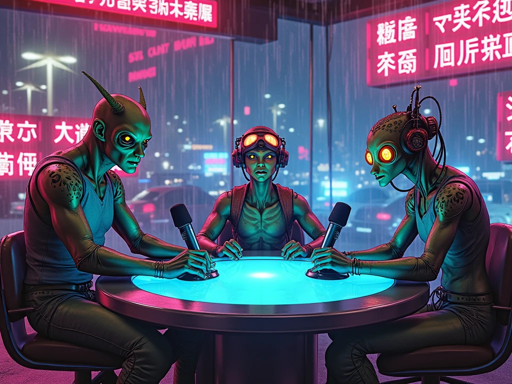 A cyberpunk podcast studio hosted by three unique aliens. One is tall and sleek with bioluminescent skin and mechanical implants, the second is short and amphibian-like with goggles and wires connected to its brain, the third is insectoid with glowing eyes and a modulated voice box. They sit around a holographic table with floating mics, neon signs in alien language behind them, and rain-streaked glass showing a city of flying cars and holograms outside. Each alien has a distinct personality shown through posture and expression: the thinker, the joker, the rebel. Dark atmosphere with vibrant neon lights, retro-tech textures, cinematic cyberpunk anime style