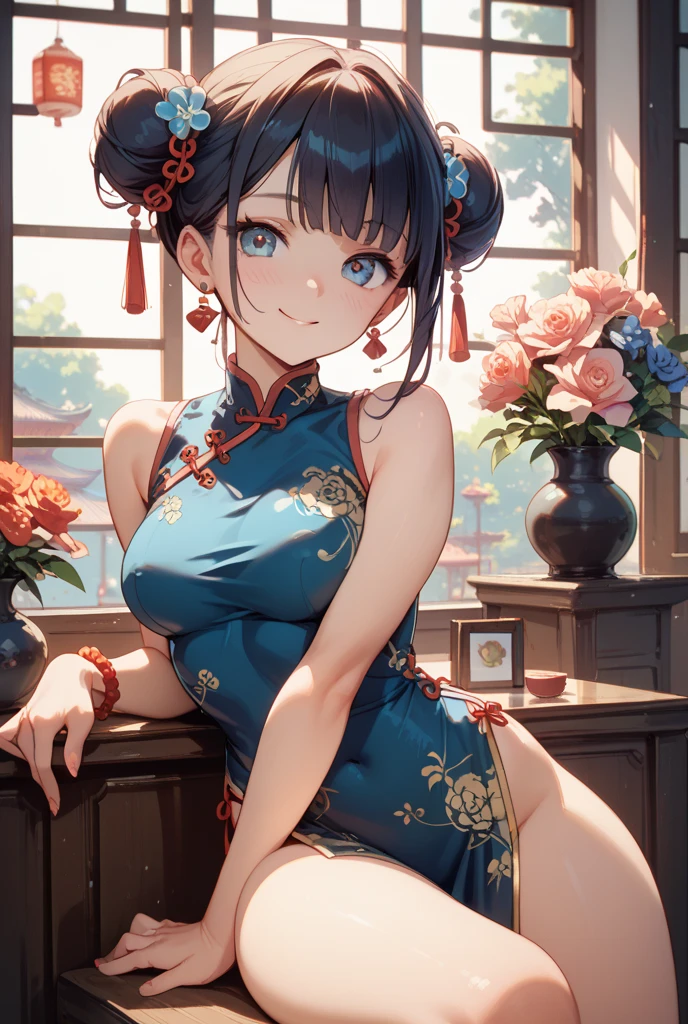 top-quality, high resolution, super precision, masterpiece, 8K, (((extra detailed face))), Fateful meeting, (Composition seen from an oblique front), (((Daytime cityscape))), (Downtown Japan), (Petals are fluttering), (Crowds), kawaii, ((Bun hair)), (Floral hair ornament), ((Bright smile)), red blush, Sareme, (((big light in my eyes))), Eyes sparkle, Wet eyes, Colorful, Fine skin, (((beautiful blue sheer see-through cheongsam))), (delicate flower embroidery), off shoulders, Beautie, Refers to 5, full body