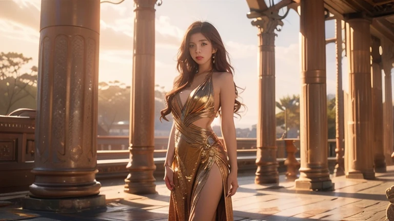 High-quality rendering of the Greek goddess Medusa. Medusa has the body of a woman with defined, thick thighs, dressed in an elegant Greek goddess dress. Her hair is composed of skinny snakes, and she is surrounded by massive, majestic snakes. The scene is a masterpiece with intricate details.