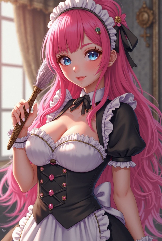 1girl, YurineHayasaki, maid, maid headdress, maid uniform, apron, frills, juliet sleeves, miniskirt, cleavage, large breasts, garter straps,