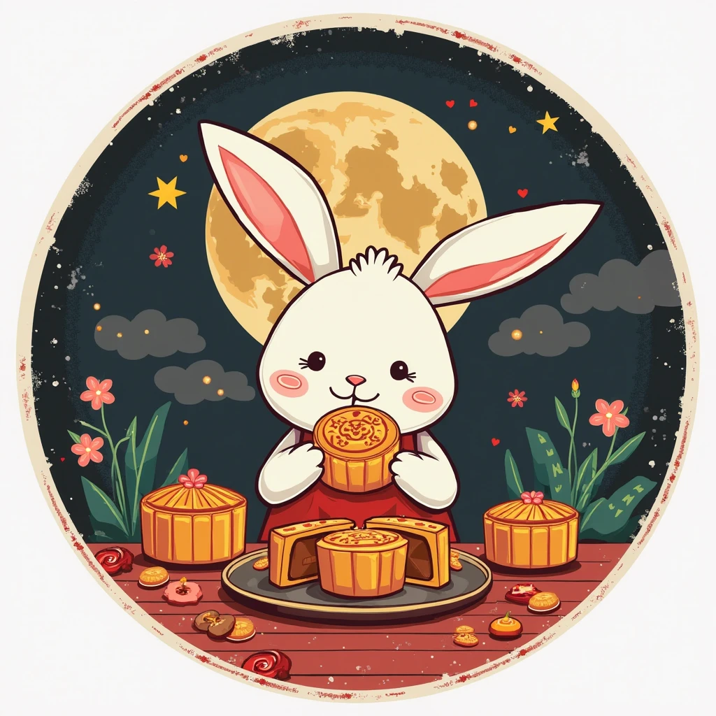 Felt style picture,From a bird's eye view,A huge plush mooncake is like a warm island,Lying there quietly,On mooncakes "Mid-Autumn Festival" The two words are particularly eye-catching,As if telling an ancient reunion story,Surrounded by the peaceful night sky,The hazy clouds are floating like a veil,The sparkling stars are like bright gems dotted in it.,The whole scene is full of vitality and fun,仿佛一个梦幻的Mid-Autumn Festival童话世界,Let people indulge in this beautiful atmosphere,My heart is full of anticipation for reunion and love for life,A cute rabbit is holding another moon cake,colorful flowers and grass,
