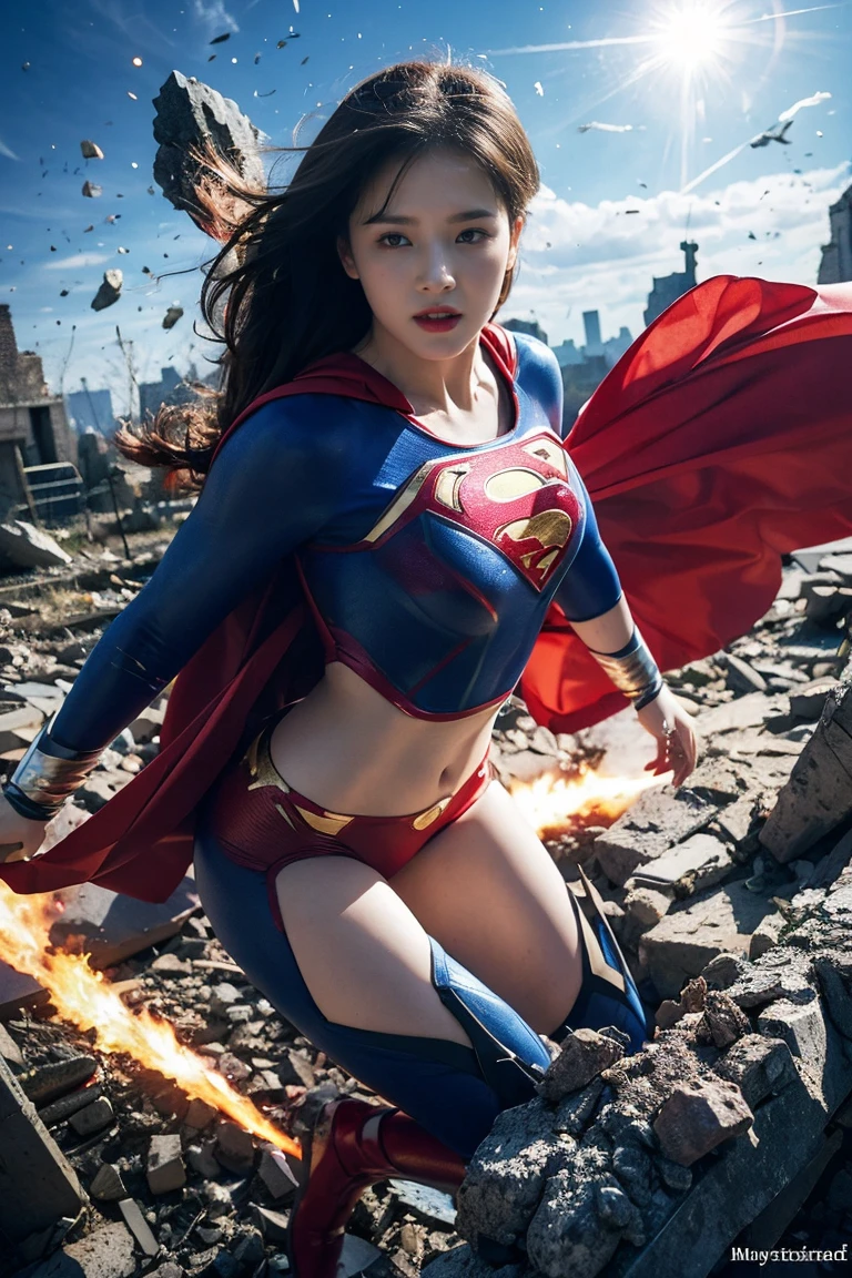 Supergirl, knocked out, Anguished expression, Eyes closed, Lying face up on the rubble, Thighs, Clothes are torn and nipples are visible, sweaty, Her red skirt is flipped up, revealing her panties, Red Boots